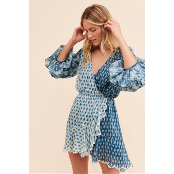 HEMANT & NANDITA Dresses & Skirts - HEMANT & NANDITA | Blue Silk Mini Dress Metallic Paisley Kaiyo Wrap